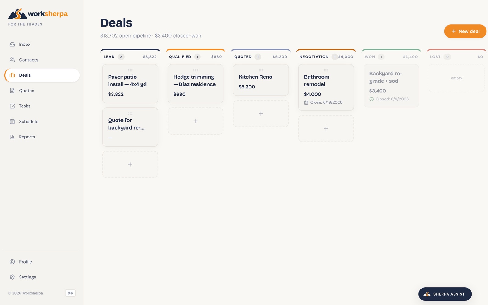 Worksherpa deals kanban board across pipeline stages