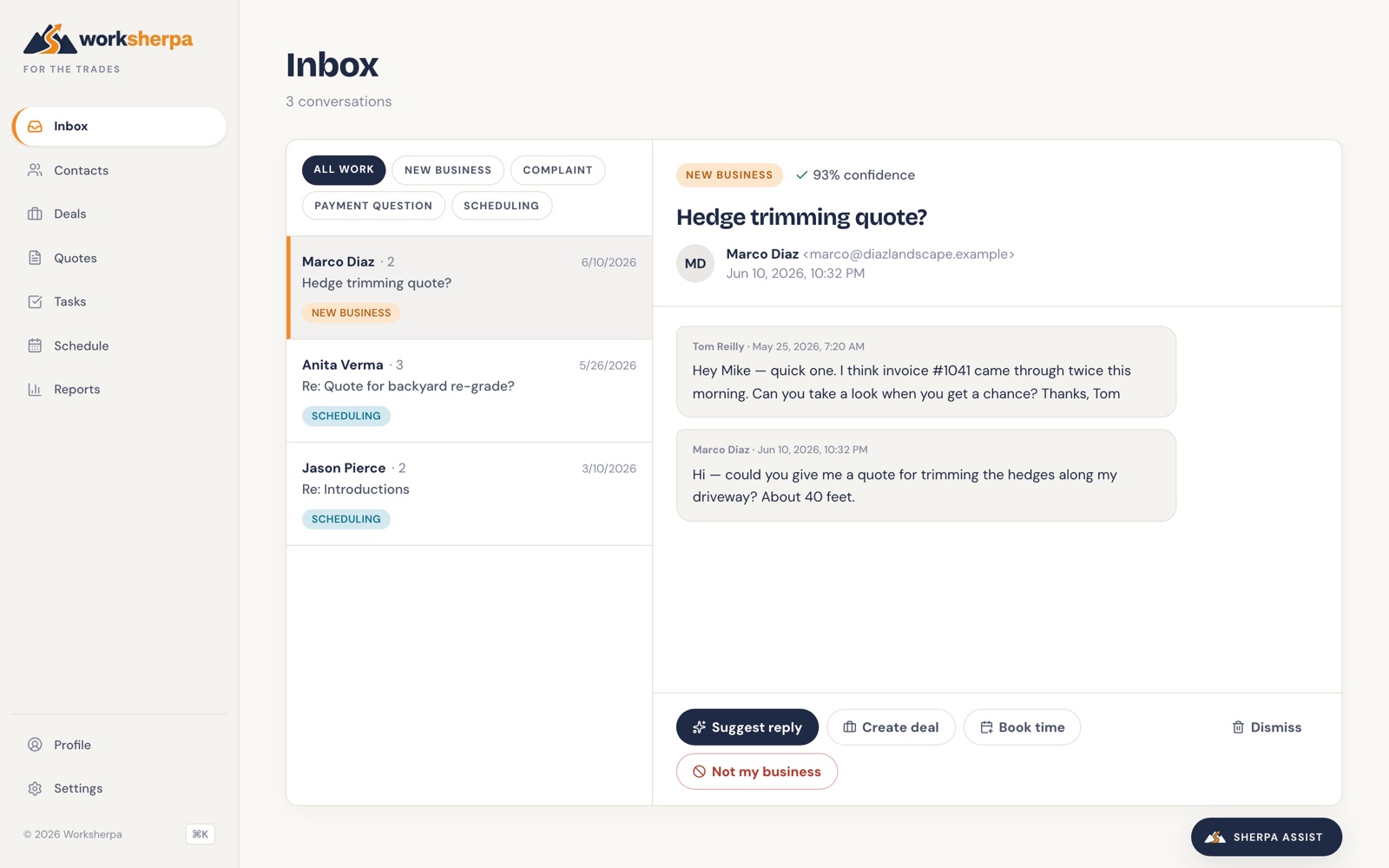 Worksherpa web inbox with AI-classified conversations and suggested reply