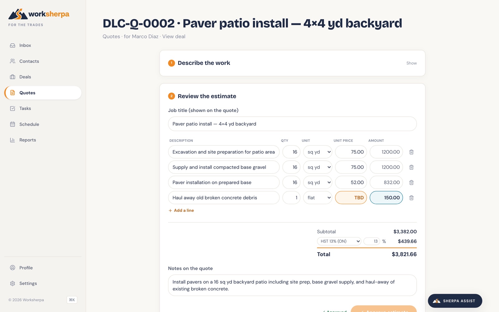 Worksherpa quote builder with AI-drafted line items and HST totals